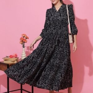 Sheetal Associates Black,White Abstract Print Puff Sleeves Fit and Flare Maxi Dress