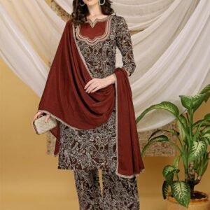 Honky Tonky Women’s Brown Floral Printed Embroidered Kurta Straight Fit Plazzo Pant & Dupatta Set Ethnic Suit for Festive, Party, Office & Daily Wear