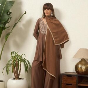 Sheetal Associates Women’s Brown Embellished Ethnic Top Palazzo Suit Set with Dupatta
